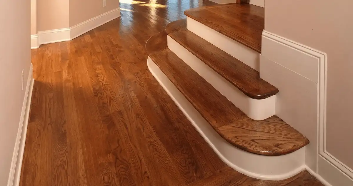 Base floor of a staircase with professionally restored wood flooring in Birmingham AL