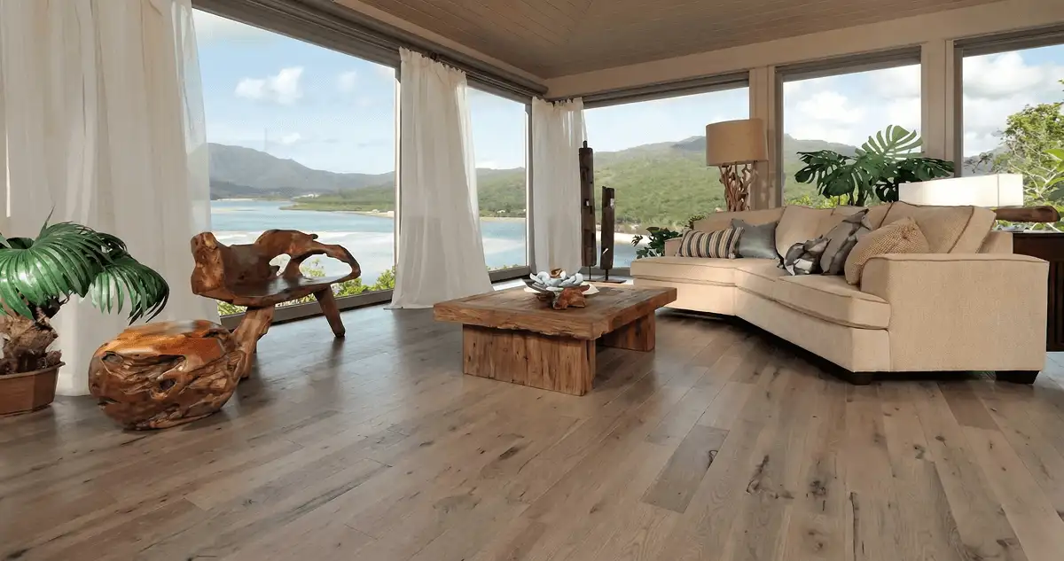 Professionally installed vinyl flooring in a modern living room with large windows in Birmingham, AL